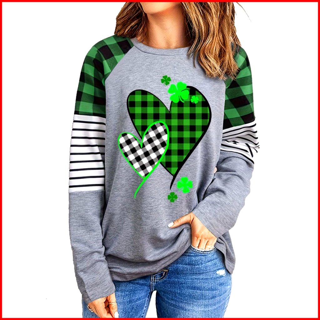 Long Sleeve Cotton Blend Tee Loose Fit Shamrock Graphic Saint Patricks Day